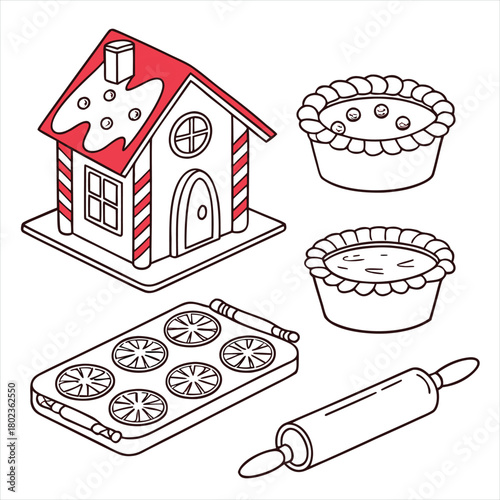  Christmas Bakery Icons with Gingerbread House, Pie & Cookie Tray – Cute Minimal Festive Vector Set