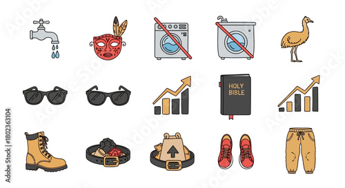 Diverse icon set featuring fashion, technology, nature, and travel in modern colored style