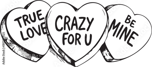 Conversation Heart Candies Vector Illustration: Valentine's Day Sweethearts with Romantic Messages
