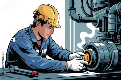 A worker in a yellow hard hat repairs industrial machinery in a factory setting.