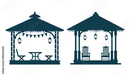 Two silhouettes of pergolas with outdoor furniture and decorative lights against a white background.