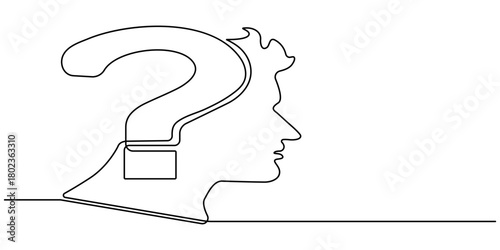 Concept of confusion in the head and question mark. Continuous One line drawing. Problems stress illness and depression concept