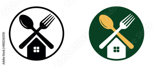 A logo design combines a house silhouette with crossed fork and spoon symbols, representing home dining or a food service.