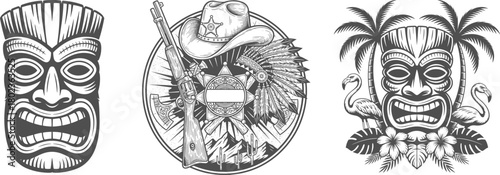 Tiki tribal wooden mask and native american,  vector illustration.