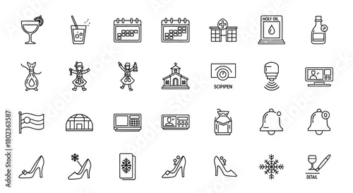 Christmas and holiday icons collection: drinks, calendar, gifts, decorations, and more