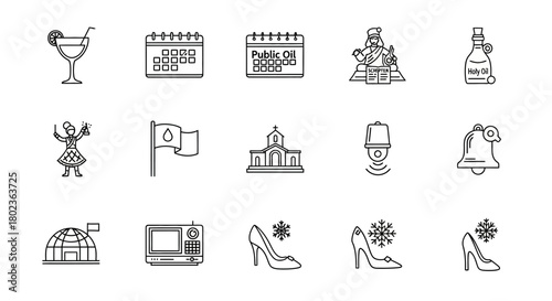 Thin line icons of holidays and traditions with festivals and events symbols
