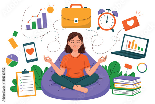 A woman meditates peacefully while surrounded by symbols of work and organization, illustrating work-life balance.