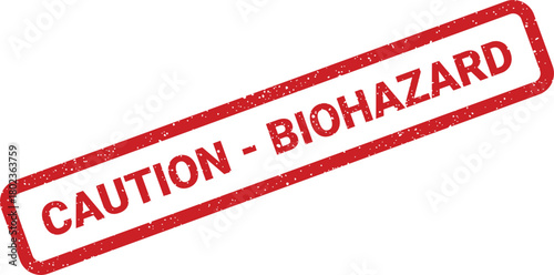 Red rectangular rubber stamp with a grunge texture displaying the warning text CAUTION BIOHAZARD on a white surface