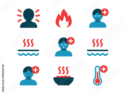 A collection of flat design icons depicting heat, sickness, and well-being.