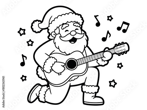 Santa Claus is playing the guitar and singing holiday songs with musical notes and stars surrounding him.