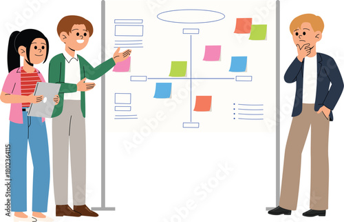 Business People Pitching Marketing Strategy On White Board to Their Boss, Character Marketing Team Explaining Diagram Process to Team Leader illustration 