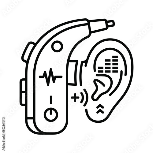 Medical hearing aid device with ear and sound wave illustration