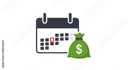 Flat calendar and money bag icon representing financial planning