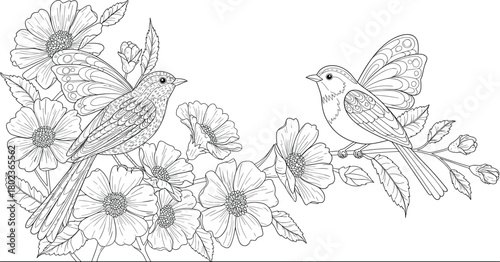PrintBeautiful birds with butterfly-style wings sitting among blooming flowers, detailed botanical line art illustration for coloring pages, elegant decorative nature artwork composition