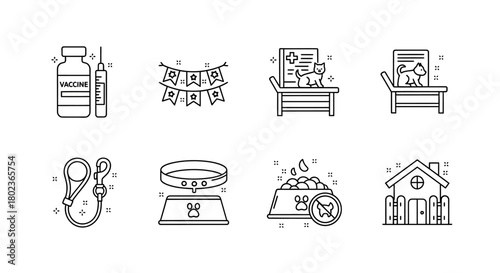 Pet care essentials: vaccine, adoption, vet clinic, and supplies line icons