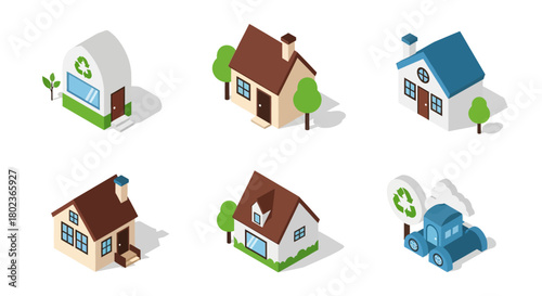 Sustainable house designs and eco train with tree accents in isometric style