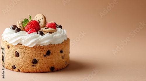 Delicious chocolate chip cake with whipped cream, strawberries, raspberries, and cookies on a brown background