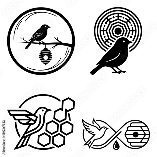 Bird and hive set of bird and honeycomb emblem designs, blending organic and structured elements, isolated on