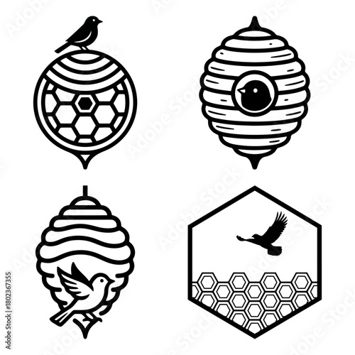 Bird and hive set of four vector designs featuring birds and beehives isolated on