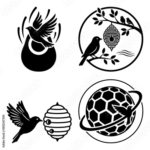 Bird and hive collection of bird and honeycomb logos, showcasing nature and industry, isolated on