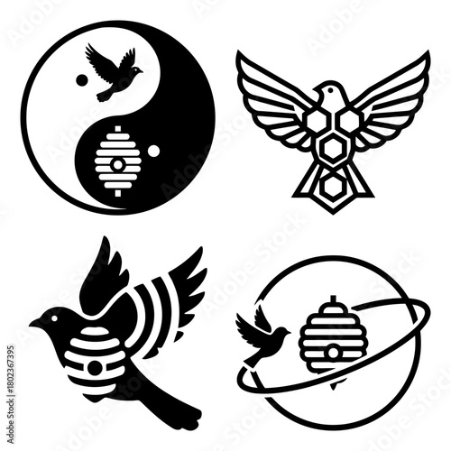 Bird and hive collection of four unique bird and beehive logo designs isolated on