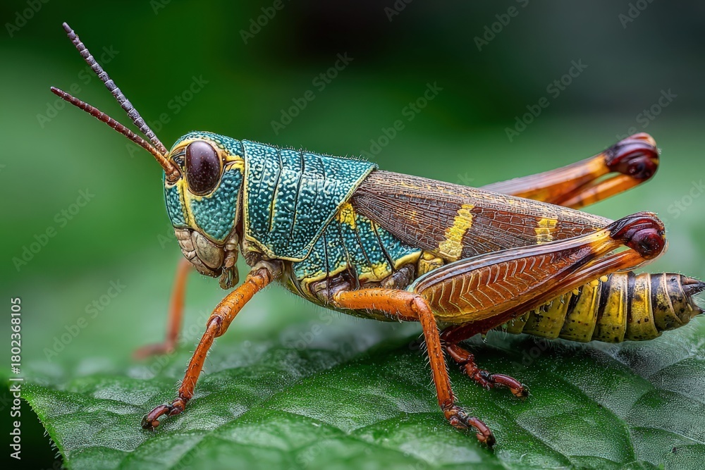 Fototapeta premium Close-up view of a colorful grasshopper on green leaf