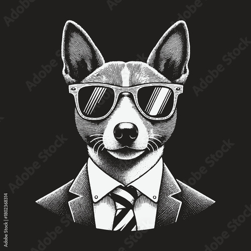 A Cool Basenji Dog Dressed in a Formal Business Suit and Sunglasses.