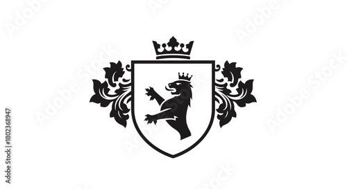 Heraldic shield with crowned lion emblem and ornate floral design