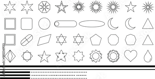 Collection of hand drawn geometric and abstract shapes and symbols outline design elements