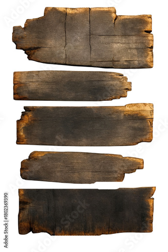 Five horizontal pieces of dark weathered wood planks isolated