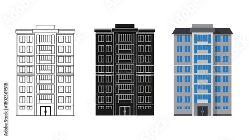 Set of apartment building icons flat vector illustration in different styles isolated on white background