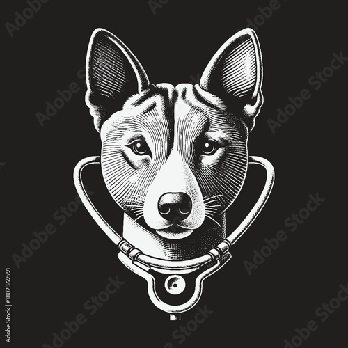 Black and white portrait of a Basenji dog wearing a stethoscope for veterinary care.