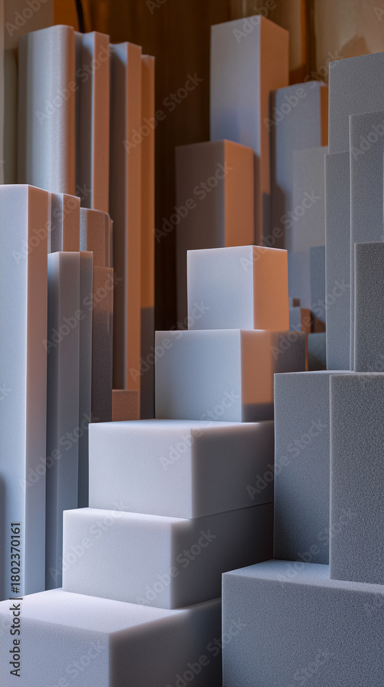 Fototapeta premium Acoustic foam panels in various shapes and sizes. Soundproofing materials for noise reduction, studio insulation blocks in white and gray colors. Sound absorption construction elements display.