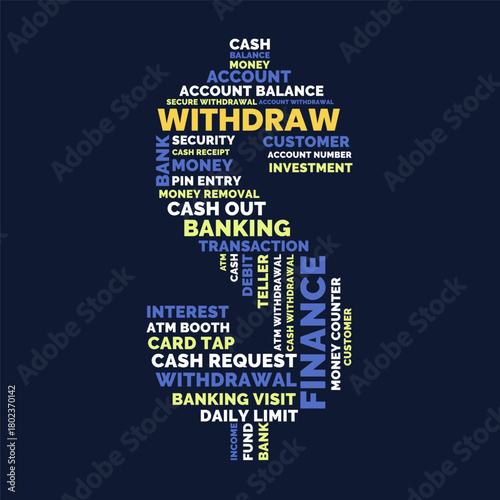 Bank Withdrawal Dollar Sign Word Cloud, Financial Banking cash service terms concept