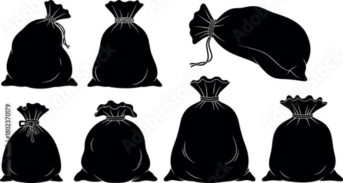 Collection of black silhouettes of tied drawstring bags on a white background
