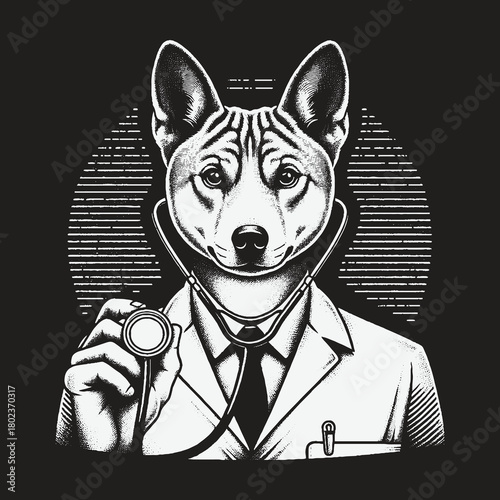 Anthropomorphic Dog Dressed as a Medical Doctor with Stethoscope.