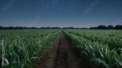 A solitary path leads through a vast cornfield under a dark starry night sky