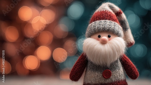 Festive plush gnome with a long, white beard, knitted hat, and sweater. Bokeh lights create a warm background, adding to the holiday ambiance and whimsical charm.