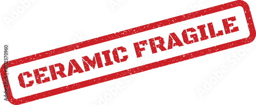 This distressed red rubber stamp impression clearly indicates that an item or package contains fragile ceramic goods