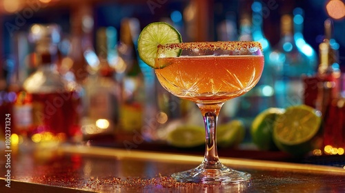 Fototapeta Naklejka Na Ścianę i Meble -  A sophisticated crystal glass of amber cocktail, rimmed with spice and garnished with lime, stands on a bar, bottles blurred in the background, illuminated by ambient light. Enjoy!