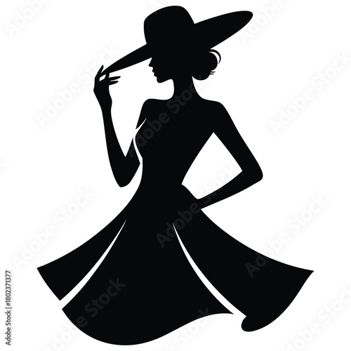 A beautiful lady in silhouette elegantly poses with a widebrimmed hat and gown