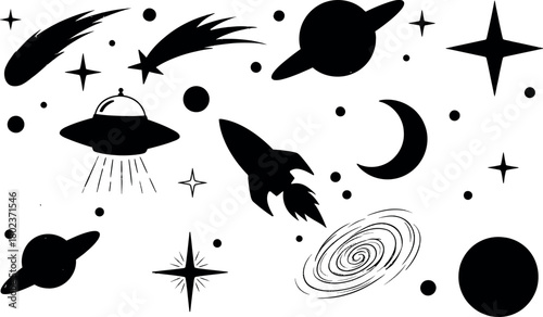 Whimsical black silhouette space objects and stars on white background for children