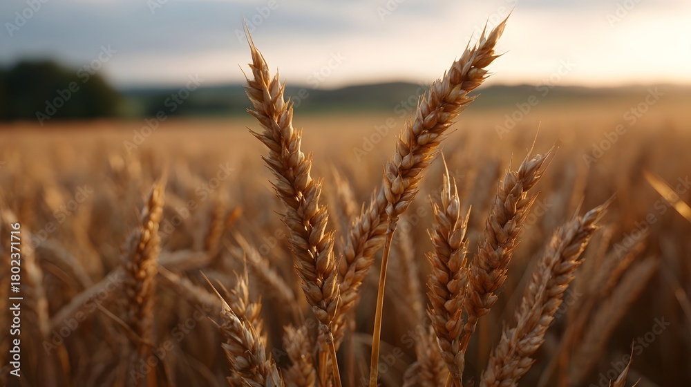 Fototapeta premium Close up of golden wheat stalks in a sun drenched agricultural field during the golden hour showcasing nature s bounty