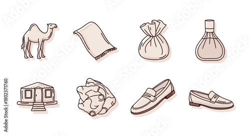 Linear icons set featuring traditional items: camel, rug, bag, perfume, and more