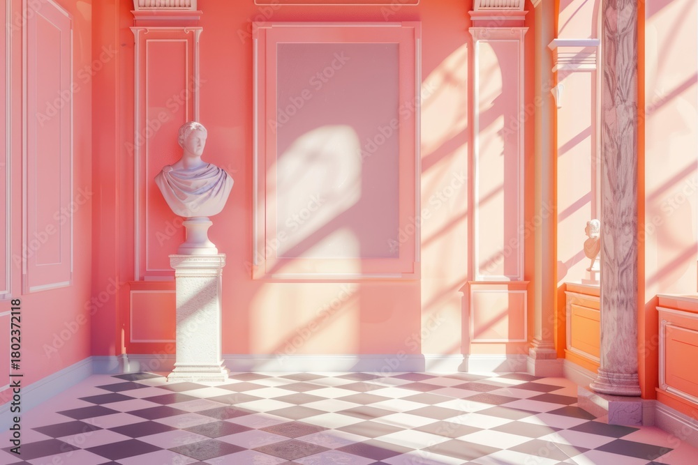 Fototapeta premium Sunlight streams into coral pink museum room with marble bust and checkered floor, creating beautiful light and shadows