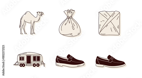 Minimalist retro-style icons of camel, bag, gift, caravan, and shoes
