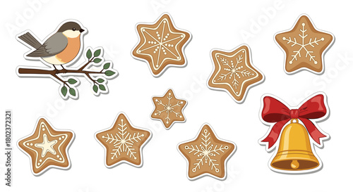 Cute bird on a branch with gingerbread cookies and a golden bell decorated with a red ribbon.