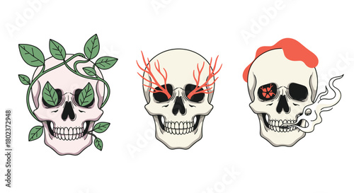 Three artistic skulls decorated with plants, branches and smoke, each with unique features.