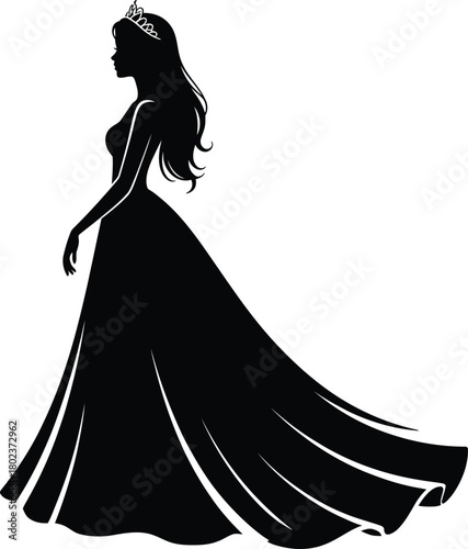 A princess silhouette with a crown and flowing gown is depicted on a transparent background