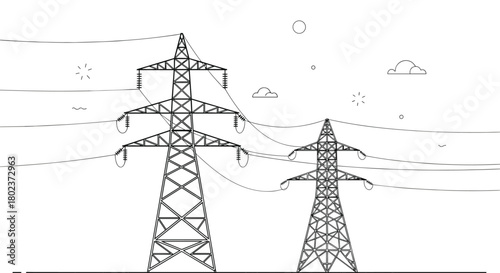 Illustration of two power pylons with wires against a bright sky with clouds and sun rays.